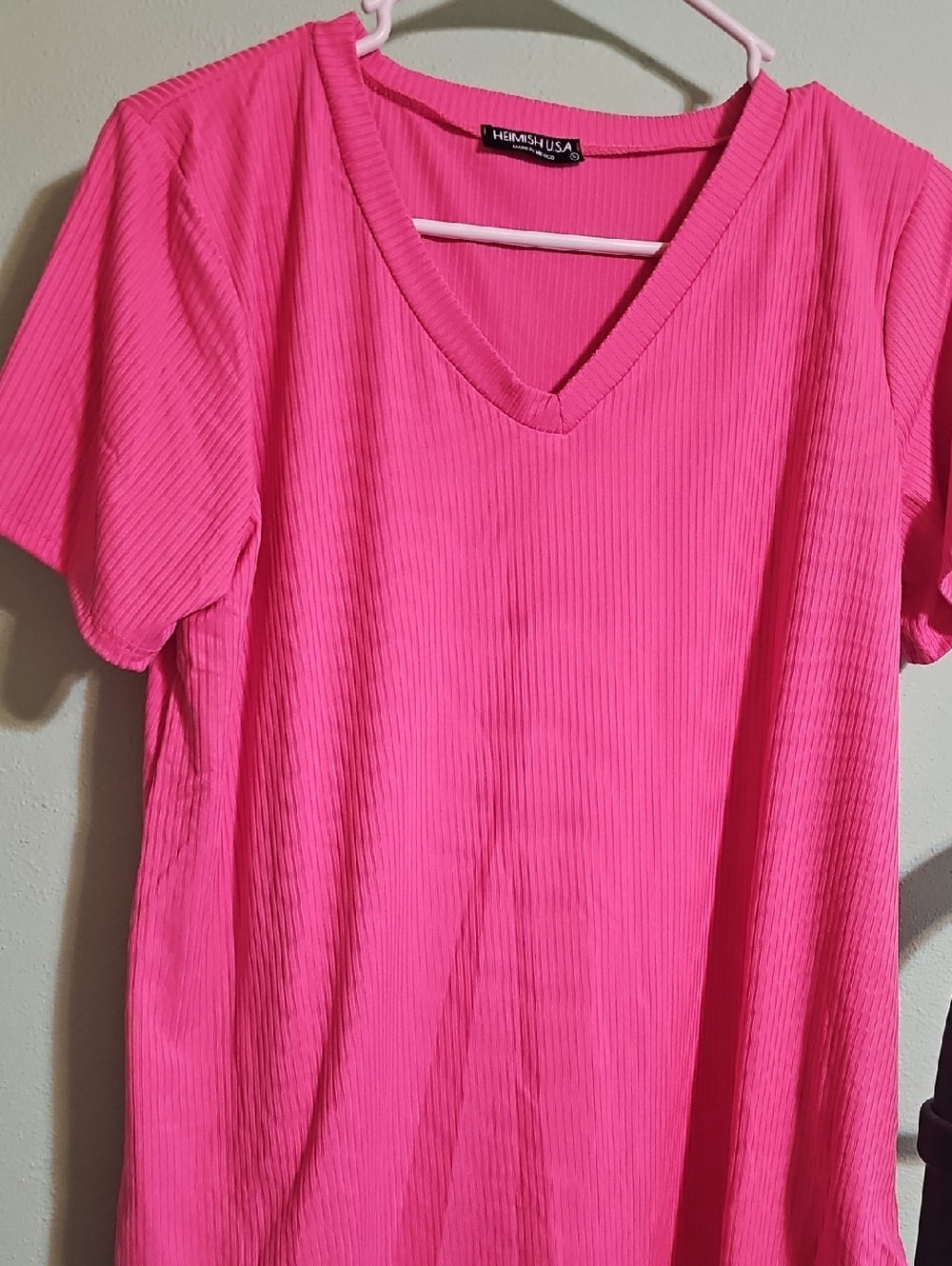 HEIMISH USA Hot Pink V-Neck Ribbed Short Sleeve Tee